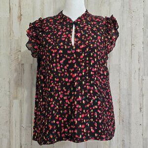 J. Crew Black Red Gold Metallic Multi Ruffleneck Flutter Sleeve Top Size Medium